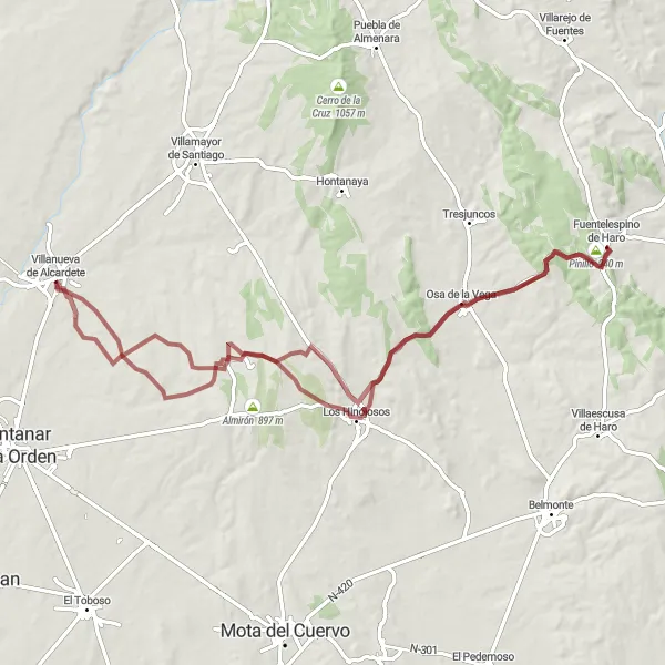 Map miniature of "Gravel Adventure around Villanueva de Alcardete" cycling inspiration in Castilla-La Mancha, Spain. Generated by Tarmacs.app cycling route planner