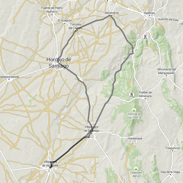 Miniatua del mapa de inspiración ciclista "Ruta por carretera Villanueva de Alcardete - Villamayor de Santiago" en Castilla-La Mancha, Spain. Generado por Tarmacs.app planificador de rutas ciclistas