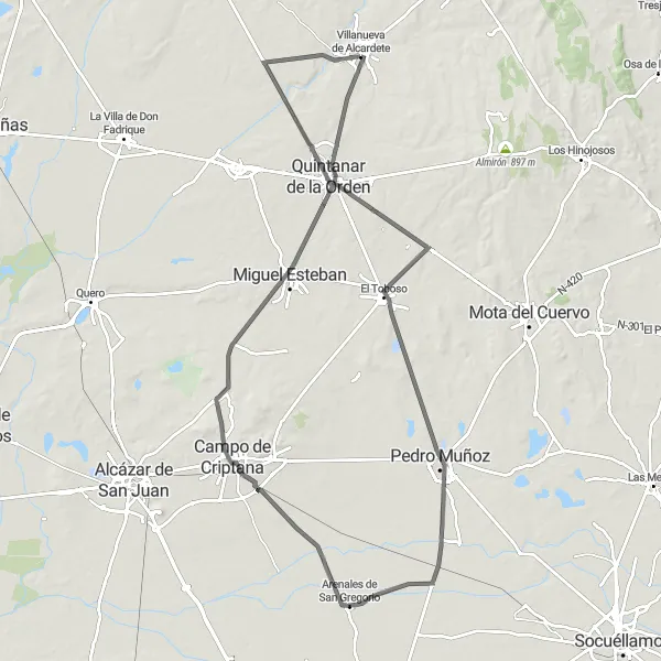 Map miniature of "Loop Route through Villanueva de Alcardete" cycling inspiration in Castilla-La Mancha, Spain. Generated by Tarmacs.app cycling route planner