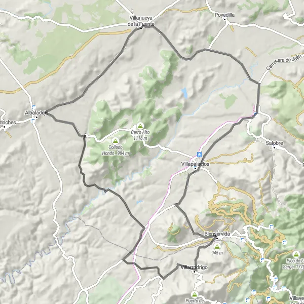 Map miniature of "The Bienservida Loop - From Villanueva de la Fuente to Bienservida and back" cycling inspiration in Castilla-La Mancha, Spain. Generated by Tarmacs.app cycling route planner