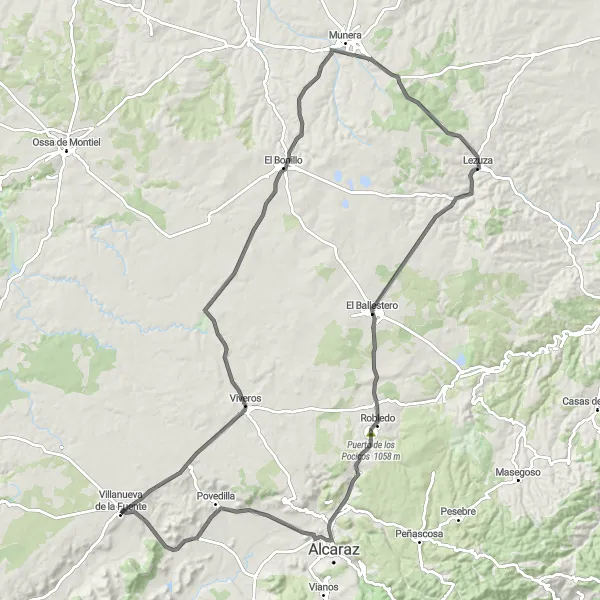Map miniature of "The Alcaraz Loop - From Villanueva de la Fuente to Alcaraz and back" cycling inspiration in Castilla-La Mancha, Spain. Generated by Tarmacs.app cycling route planner