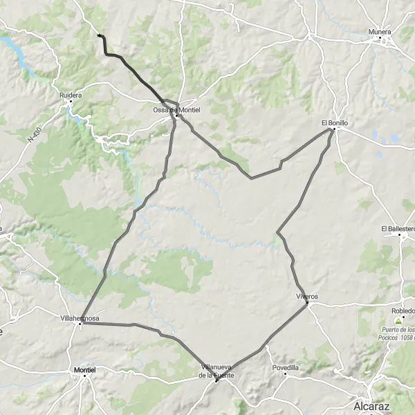 Miniatura mapy "Trasa El Bonillo" - trasy rowerowej w Castilla-La Mancha, Spain. Wygenerowane przez planer tras rowerowych Tarmacs.app