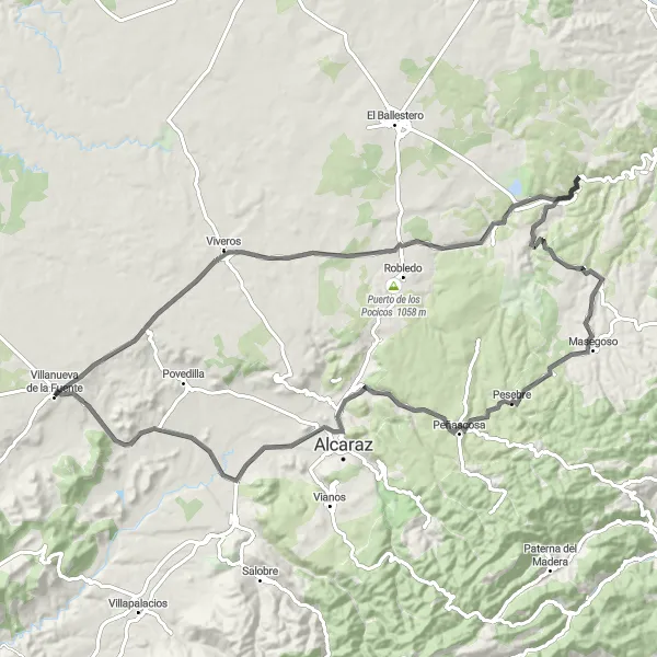 Map miniature of "The Alcaraz Mountain Challenge - From Villanueva de la Fuente to Alcaraz and back" cycling inspiration in Castilla-La Mancha, Spain. Generated by Tarmacs.app cycling route planner