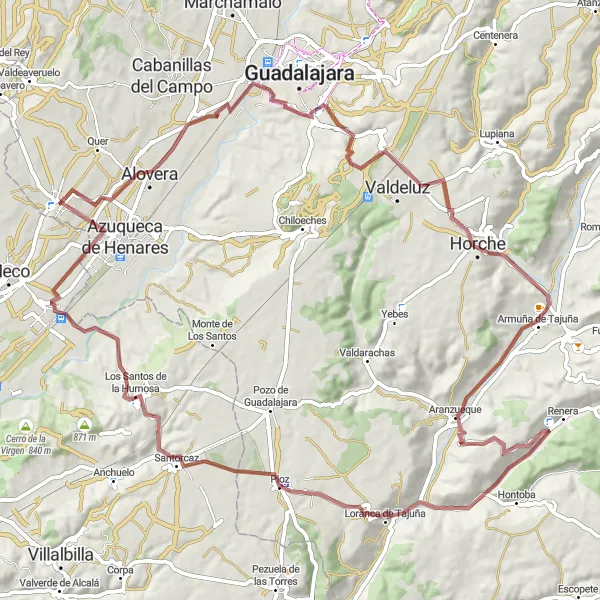 Map miniature of "Loop Ride to Villanueva de la Torre" cycling inspiration in Castilla-La Mancha, Spain. Generated by Tarmacs.app cycling route planner