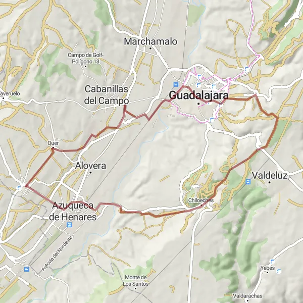 Miniatura mapy "Trasa szutrowa wokół Villanueva de la Torre" - trasy rowerowej w Castilla-La Mancha, Spain. Wygenerowane przez planer tras rowerowych Tarmacs.app