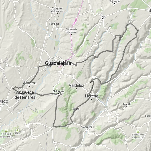 Miniatura mapy "Trasa Szosowa przez Caspueñas i Azuqueca" - trasy rowerowej w Castilla-La Mancha, Spain. Wygenerowane przez planer tras rowerowych Tarmacs.app