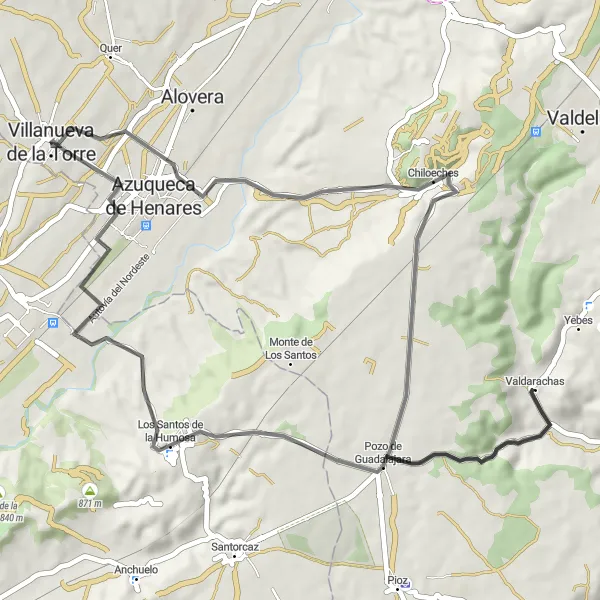 Miniatuurkaart van de fietsinspiratie "Wegroute van Villanueva de la Torre naar Pozo de Guadalajara" in Castilla-La Mancha, Spain. Gemaakt door de Tarmacs.app fietsrouteplanner
