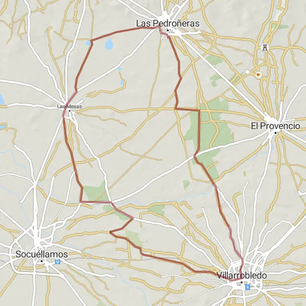 Map miniature of "Mesas and Pedroñeras Gravel Loop" cycling inspiration in Castilla-La Mancha, Spain. Generated by Tarmacs.app cycling route planner