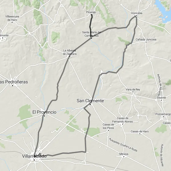 Map miniature of "A Journey Through El Provencio and San Clemente" cycling inspiration in Castilla-La Mancha, Spain. Generated by Tarmacs.app cycling route planner