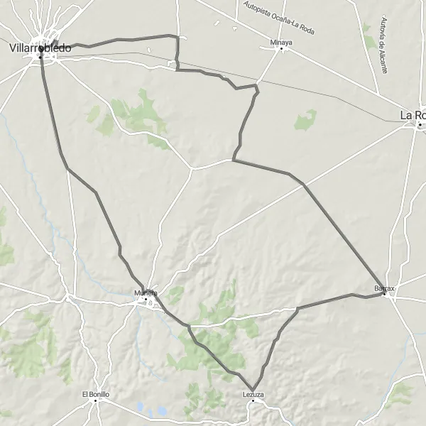 Map miniature of "Exploring Barrax and Lezuza" cycling inspiration in Castilla-La Mancha, Spain. Generated by Tarmacs.app cycling route planner