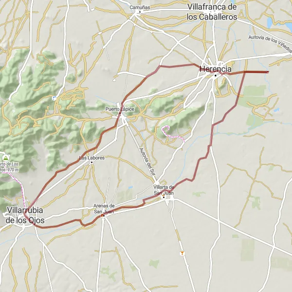 Map miniature of "Gravel Adventure through Puerto Lápice" cycling inspiration in Castilla-La Mancha, Spain. Generated by Tarmacs.app cycling route planner
