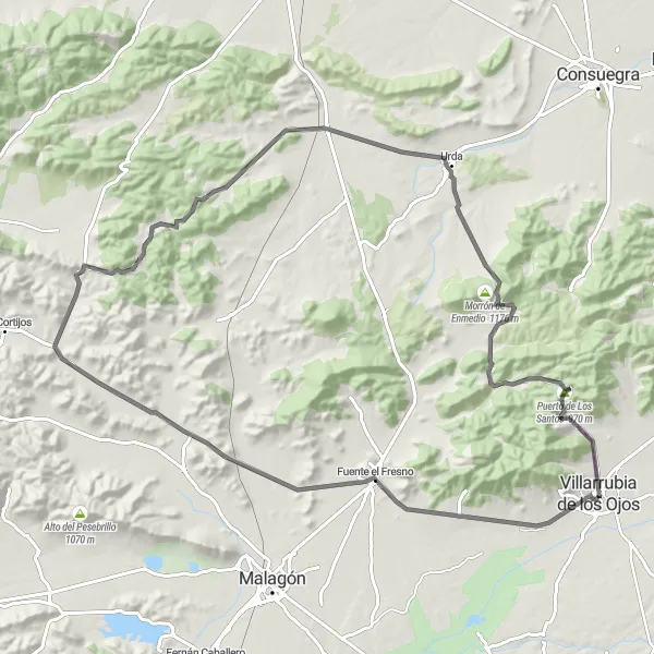 Miniatua del mapa de inspiración ciclista "Ruta en Bicicleta de Carretera de Villarrubia de los Ojos" en Castilla-La Mancha, Spain. Generado por Tarmacs.app planificador de rutas ciclistas