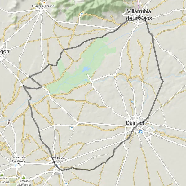 Map miniature of "Daimiel and Torralba de Calatrava Road Tour" cycling inspiration in Castilla-La Mancha, Spain. Generated by Tarmacs.app cycling route planner