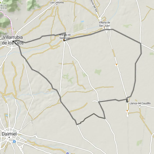 Map miniature of "Scenic Road Ride to Arenas de San Juan" cycling inspiration in Castilla-La Mancha, Spain. Generated by Tarmacs.app cycling route planner