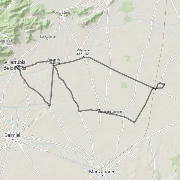 Miniatua del mapa de inspiración ciclista "Ruta en Bicicleta de Carretera cerca de Villarrubia de los Ojos" en Castilla-La Mancha, Spain. Generado por Tarmacs.app planificador de rutas ciclistas