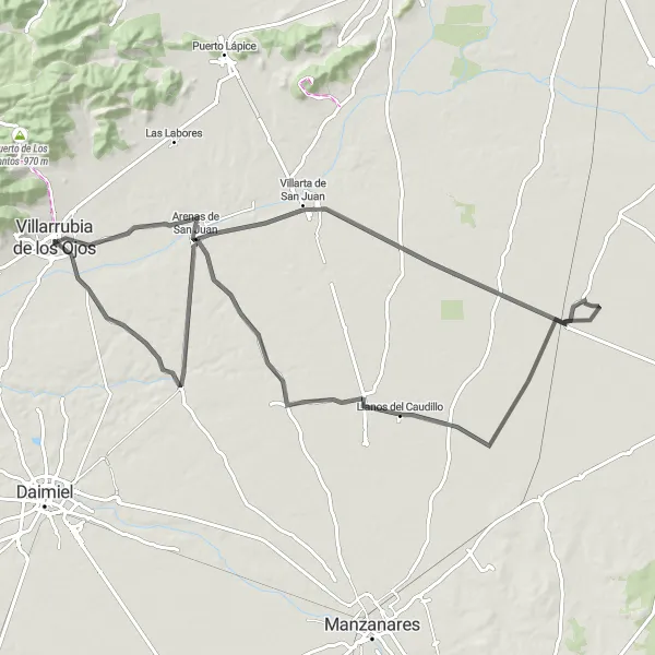 Map miniature of "Scenic Road Ride to Llanos del Caudillo" cycling inspiration in Castilla-La Mancha, Spain. Generated by Tarmacs.app cycling route planner