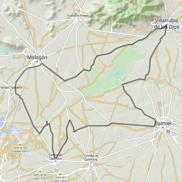 Miniaturekort af cykelinspirationen "Runde ture fra Villarrubia de los Ojos" i Castilla-La Mancha, Spain. Genereret af Tarmacs.app cykelruteplanlægger