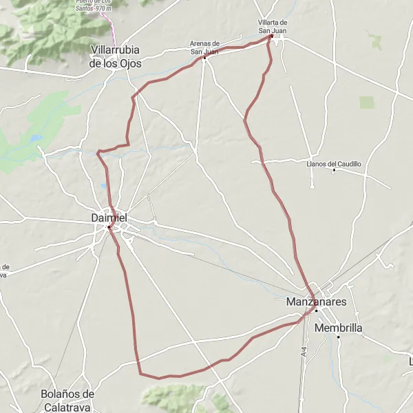 Miniaturekort af cykelinspirationen "Gruscykelrute fra Villarta de San Juan til Arenas de San Juan" i Castilla-La Mancha, Spain. Genereret af Tarmacs.app cykelruteplanlægger