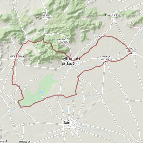 Miniatua del mapa de inspiración ciclista "Ruta de Grava Arenas de San Juan - Villarta de San Juan" en Castilla-La Mancha, Spain. Generado por Tarmacs.app planificador de rutas ciclistas