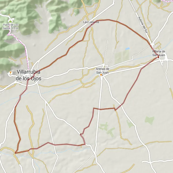 Miniatua del mapa de inspiración ciclista "Ruta de Grava Villarrubia de los Ojos - Villarta de San Juan" en Castilla-La Mancha, Spain. Generado por Tarmacs.app planificador de rutas ciclistas
