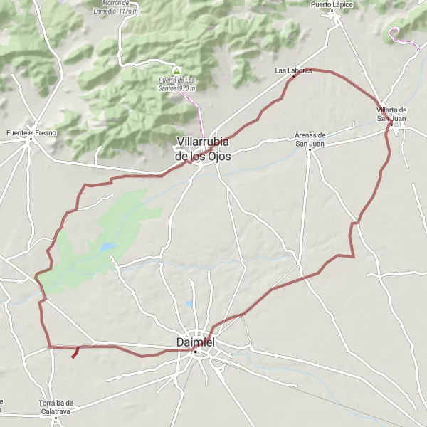 Miniatura mapy "Trasa przez Daimiel i Villarrubia de los Ojos" - trasy rowerowej w Castilla-La Mancha, Spain. Wygenerowane przez planer tras rowerowych Tarmacs.app