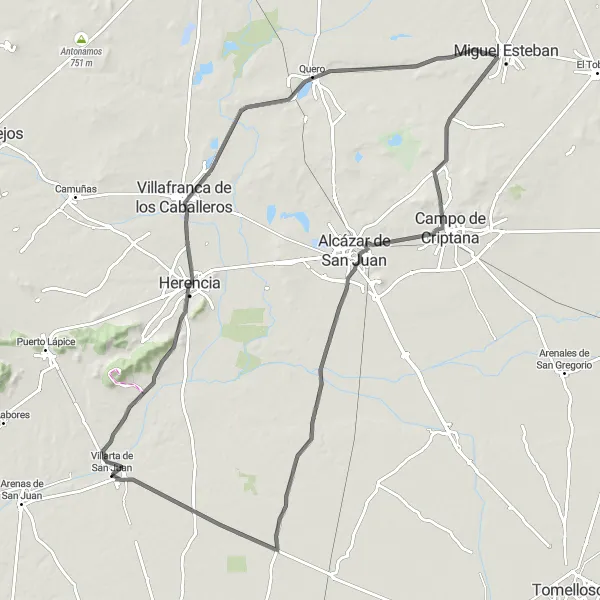 Map miniature of "The Southern Loop" cycling inspiration in Castilla-La Mancha, Spain. Generated by Tarmacs.app cycling route planner