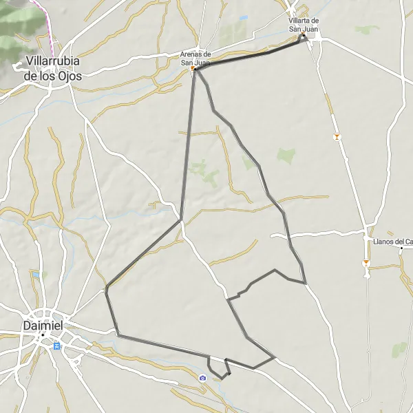 Miniatura mapy "Trasa przez Motilla del Azuer, Arenas de San Juan i Villarta de San Juan" - trasy rowerowej w Castilla-La Mancha, Spain. Wygenerowane przez planer tras rowerowych Tarmacs.app