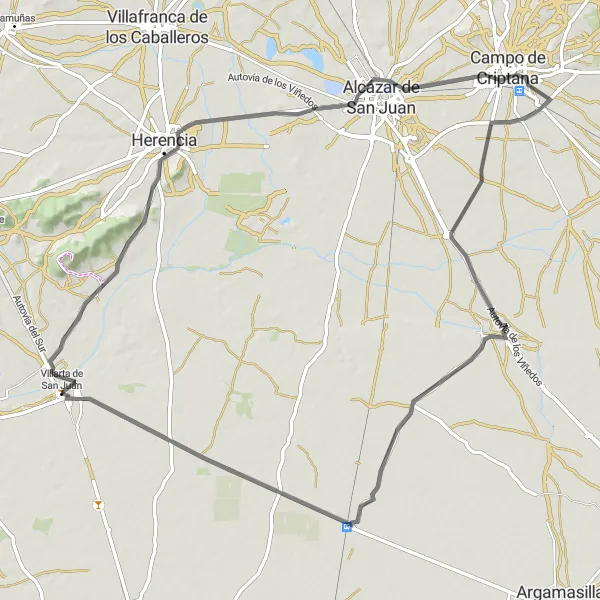 Miniatura mapy "Przejażdzka szosowa po Castilla-La Mancha" - trasy rowerowej w Castilla-La Mancha, Spain. Wygenerowane przez planer tras rowerowych Tarmacs.app