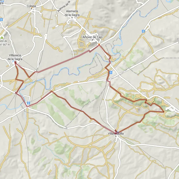 Map miniature of "Villaseca-to-Algodor Gravel Loop" cycling inspiration in Castilla-La Mancha, Spain. Generated by Tarmacs.app cycling route planner