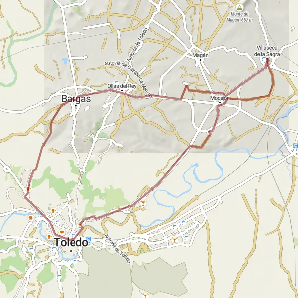 Map miniature of "Villaseca-to-Mocejón Gravel Loop" cycling inspiration in Castilla-La Mancha, Spain. Generated by Tarmacs.app cycling route planner