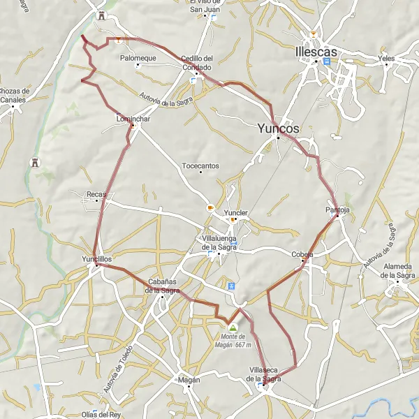 Map miniature of "Villaseca-to-Pantoja Gravel Loop" cycling inspiration in Castilla-La Mancha, Spain. Generated by Tarmacs.app cycling route planner