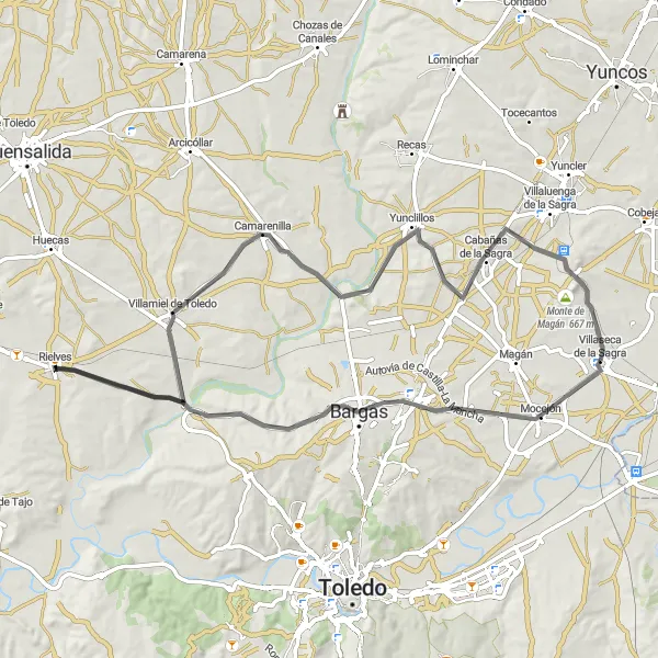 Map miniature of "Villaseca de la Sagra Road Loop" cycling inspiration in Castilla-La Mancha, Spain. Generated by Tarmacs.app cycling route planner