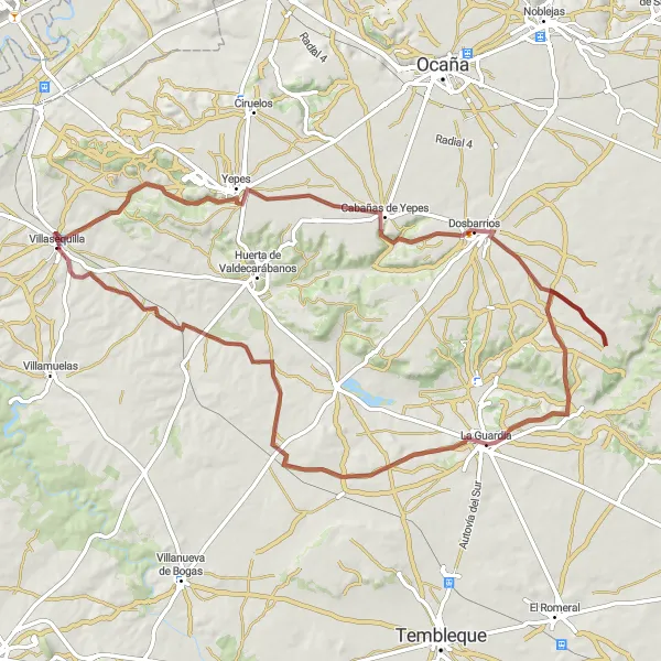 Map miniature of "Gravel Adventure around Villasequilla de Yepes" cycling inspiration in Castilla-La Mancha, Spain. Generated by Tarmacs.app cycling route planner