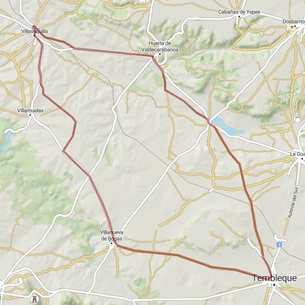 Map miniature of "Gravel Adventure to Villanueva de Bogas" cycling inspiration in Castilla-La Mancha, Spain. Generated by Tarmacs.app cycling route planner