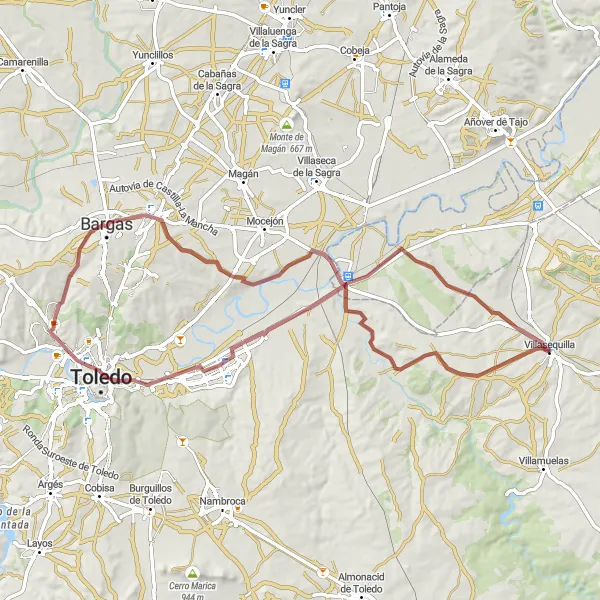 Map miniature of "Scenic Gravel Adventure via Santa María de Benquerencia" cycling inspiration in Castilla-La Mancha, Spain. Generated by Tarmacs.app cycling route planner