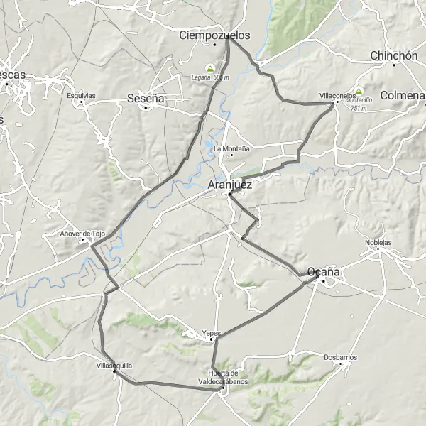 Map miniature of "Road Cycling Adventure to Ocaña" cycling inspiration in Castilla-La Mancha, Spain. Generated by Tarmacs.app cycling route planner