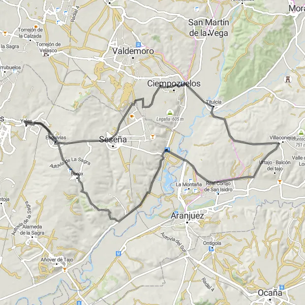 Miniatura mapy "Przejażdżka przez Castillo de Puñoenrostro, Ciempozuelos, Villaconejos i Esquivias" - trasy rowerowej w Castilla-La Mancha, Spain. Wygenerowane przez planer tras rowerowych Tarmacs.app