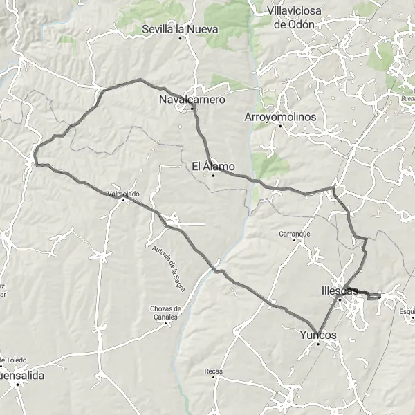 Miniatura mapy "Trasa przez Yuncos, Castillo de Olmos, Valmojado, Villamanta, El Álamo, Griñón i Yeles" - trasy rowerowej w Castilla-La Mancha, Spain. Wygenerowane przez planer tras rowerowych Tarmacs.app