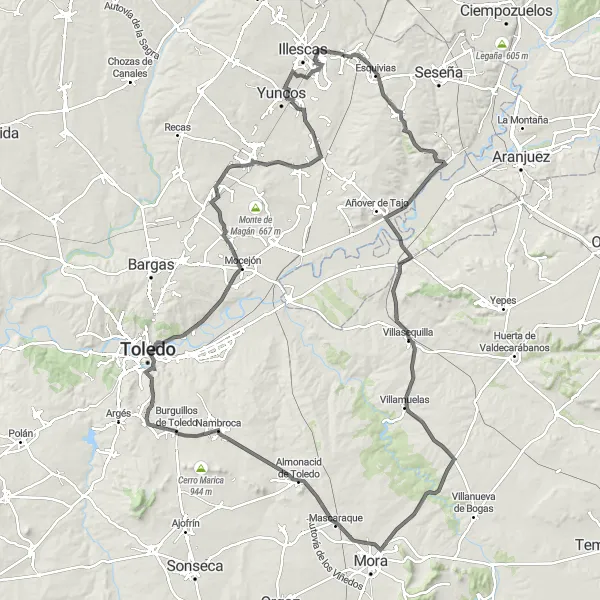 Map miniature of "Yeles - Pantoja Route" cycling inspiration in Castilla-La Mancha, Spain. Generated by Tarmacs.app cycling route planner