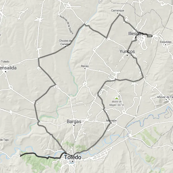Miniatua del mapa de inspiración ciclista "Ruta Yeles - Villamiel de Toledo" en Castilla-La Mancha, Spain. Generado por Tarmacs.app planificador de rutas ciclistas