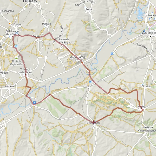 Miniatua del mapa de inspiración ciclista "Ruta de Grava Yepes - Villaluenga de la Sagra" en Castilla-La Mancha, Spain. Generado por Tarmacs.app planificador de rutas ciclistas