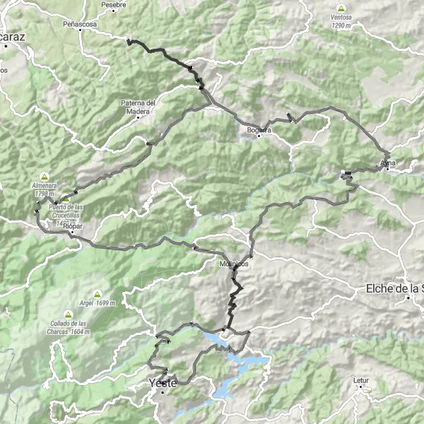 Miniatura mapy "Trasa z Yeste do Fuente-Carrasca" - trasy rowerowej w Castilla-La Mancha, Spain. Wygenerowane przez planer tras rowerowych Tarmacs.app