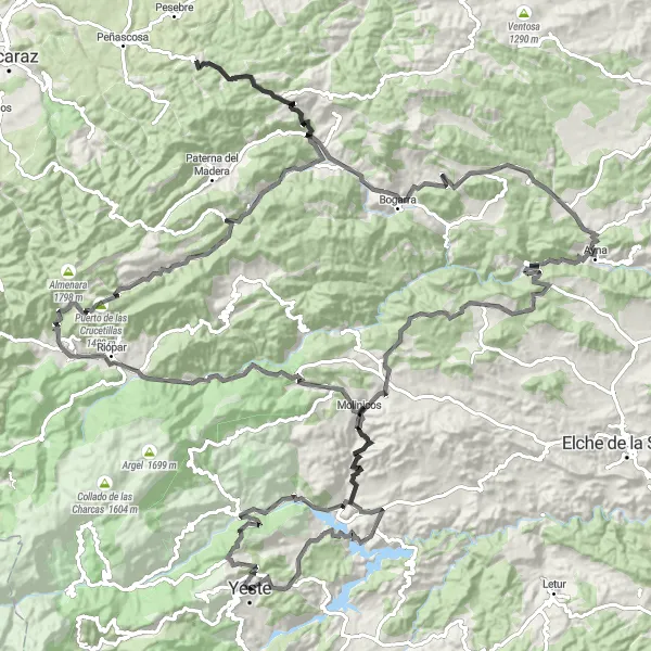 Map miniature of "Palomares Scenic Ride" cycling inspiration in Castilla-La Mancha, Spain. Generated by Tarmacs.app cycling route planner