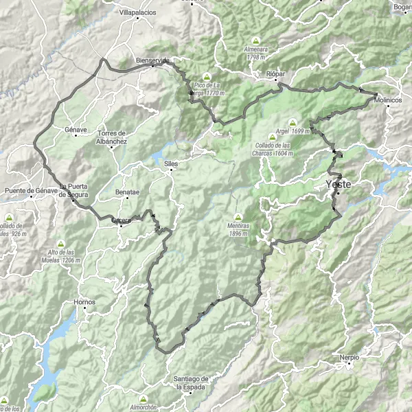 Map miniature of "Sierra Challenge" cycling inspiration in Castilla-La Mancha, Spain. Generated by Tarmacs.app cycling route planner