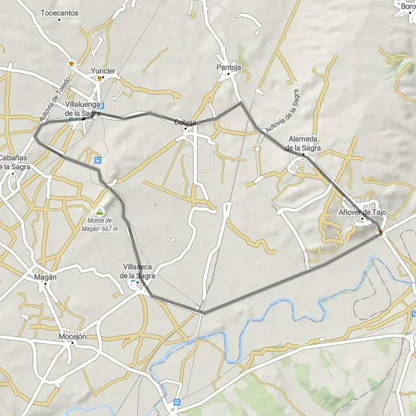 Map miniature of "The Sagra Wine Route" cycling inspiration in Castilla-La Mancha, Spain. Generated by Tarmacs.app cycling route planner