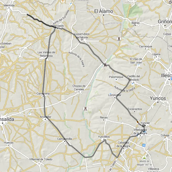 Miniatua del mapa de inspiración ciclista "Recorrido en bicicleta por Cabañas de la Sagra y Yuncler" en Castilla-La Mancha, Spain. Generado por Tarmacs.app planificador de rutas ciclistas