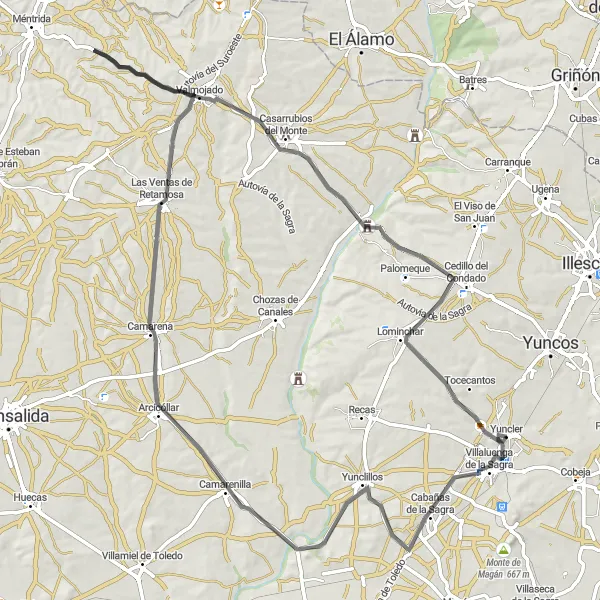 Map miniature of "The Sagra Castle Loop" cycling inspiration in Castilla-La Mancha, Spain. Generated by Tarmacs.app cycling route planner