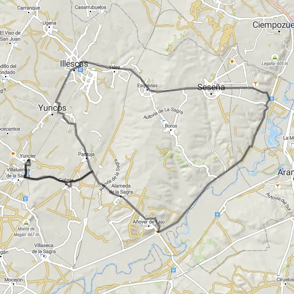 Map miniature of "The Hillside Loop" cycling inspiration in Castilla-La Mancha, Spain. Generated by Tarmacs.app cycling route planner