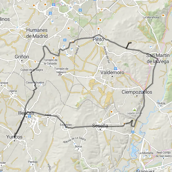 Miniatua del mapa de inspiración ciclista "Ruta de Yuncos a Illescas en bici de carretera" en Castilla-La Mancha, Spain. Generado por Tarmacs.app planificador de rutas ciclistas