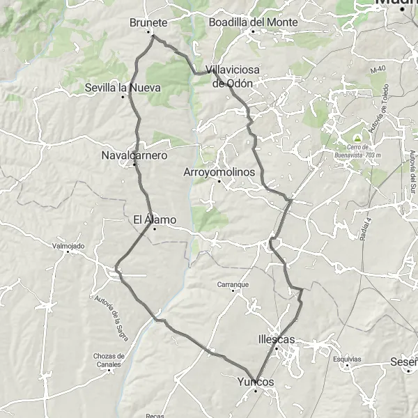 Miniatura mapy "Przejażdżka rowerowa w okolicach Yuncos" - trasy rowerowej w Castilla-La Mancha, Spain. Wygenerowane przez planer tras rowerowych Tarmacs.app